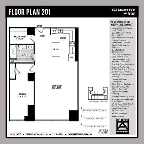 Floor plan for 1 bed, 1 bath, 822 sqft